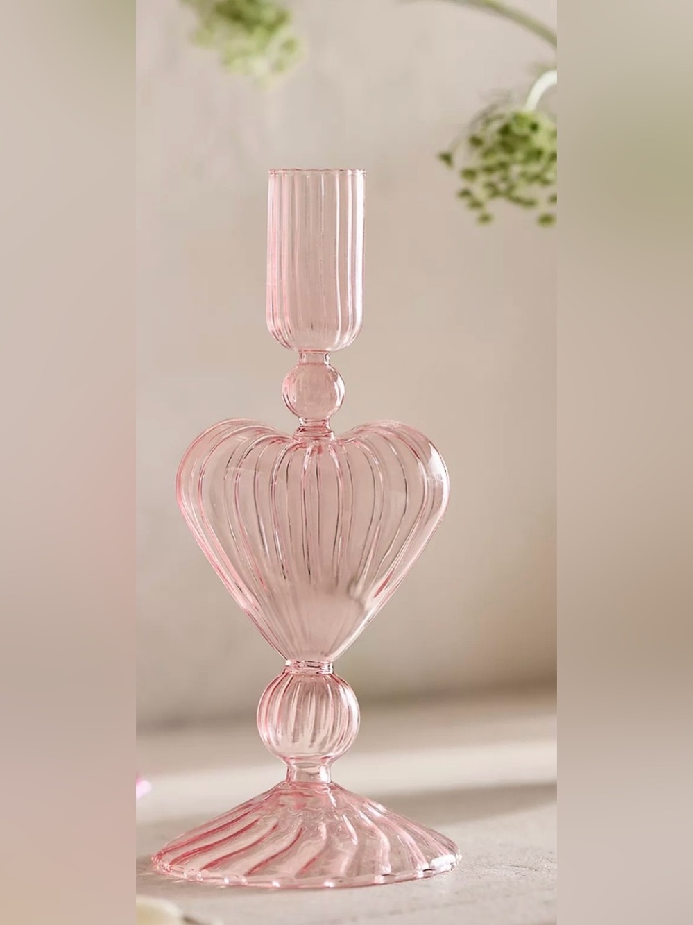 Terrain Delicate Glass Heart Taper Holder, Pink